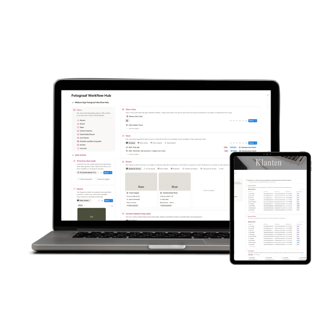 Notion workflow voor fotografen, van aanvraag tot oplevering