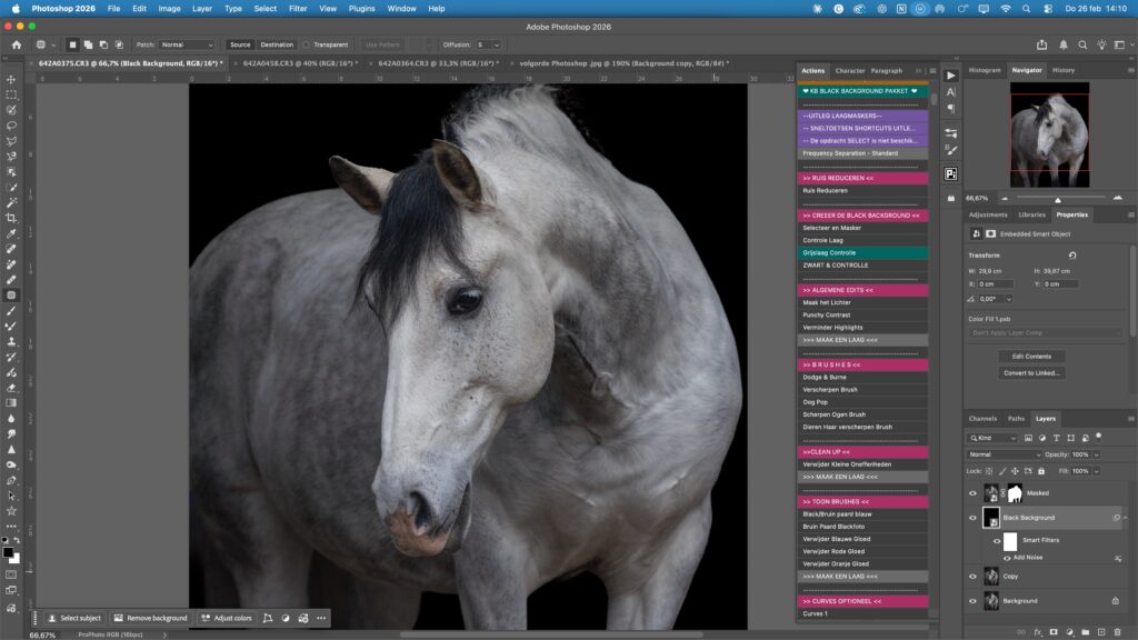 Opbouwen van een zwarte achtergrond met penseel op masker in Photoshop, waarbij het zwart laag voor laag wordt geschilderd.]