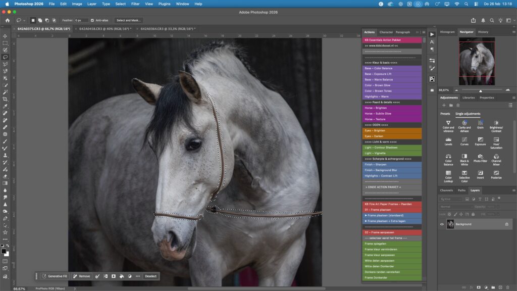 Correcte selectie voor generatieve vulling in Photoshop: halster geselecteerd met enkele pixels marge voor een natuurlijker resultaat.