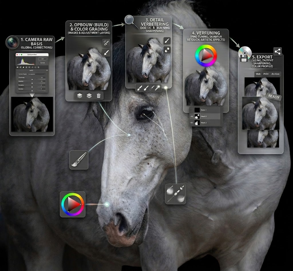 Photoshop workflow voor fotografen: van Camera Raw basis tot export in een logische volgorde.]