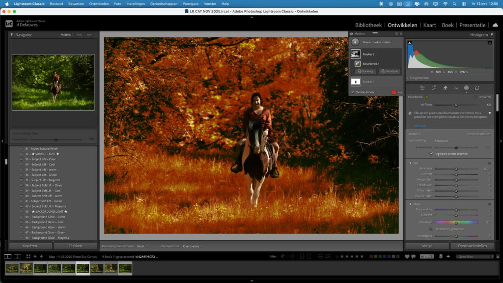 Lightroom Color Range masking toegepast op groen gras bij een paardenfoto