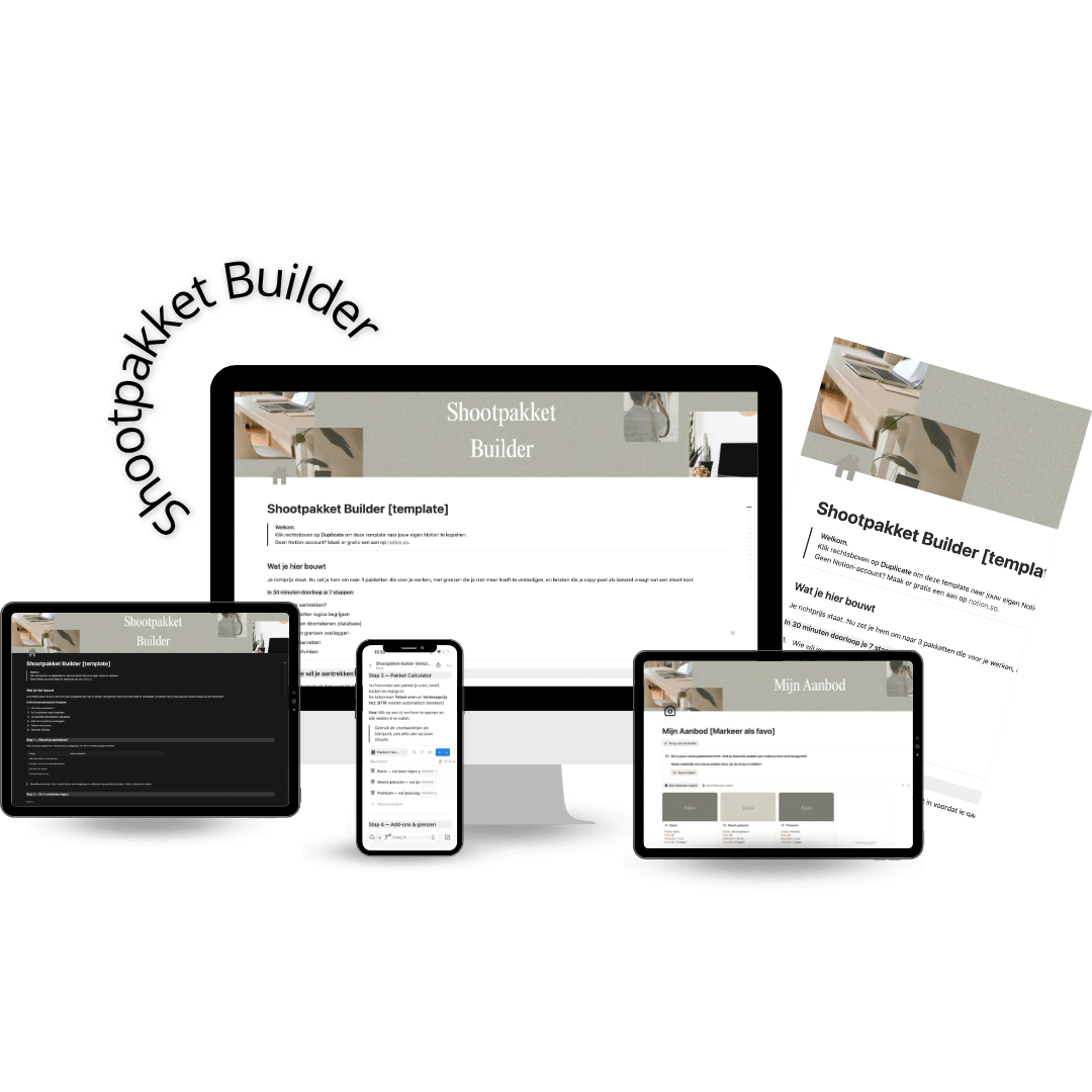 De Shootpakket Builder is een Notion-template die fotografen helpt hun richtprijs om te zetten in drie duidelijke pakketten met grenzen en scripts. Het biedt een oplossing voor