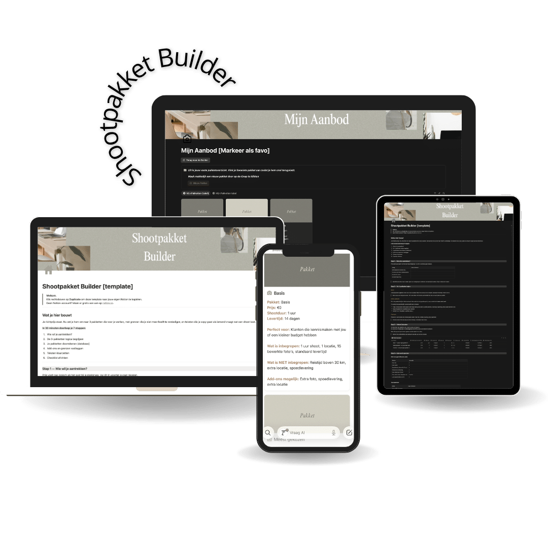 De Shootpakket Builder is een Notion-template die fotografen helpt hun richtprijs om te zetten in drie duidelijke pakketten met grenzen en scripts. Het biedt een oplossing voor
